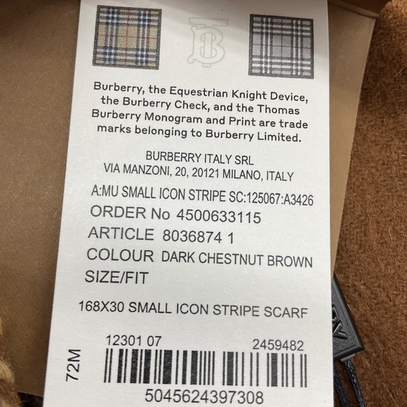 BURBERRY DARK CHESTNUT BROWN SMALL ICON STRIPE SCARF - Picture 7 of 7